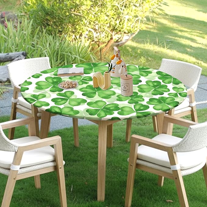 St Patricks Day Round Fitted Tablecloth with Elastic Spring Green Watercolor Shamrock Circle Table Cloth for 40-44" Tables Waterproof Washable Clover Leaf Floral Table Cover for Outdoor Picnic Dining