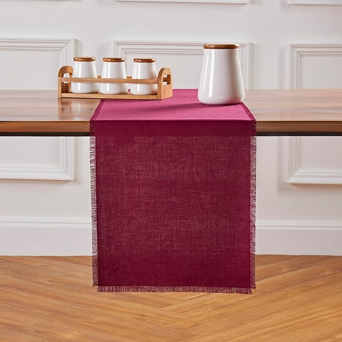 Solino Home Fringe Linen Table Runner 60 Inches - 100% Pure Linen Beet Table Runner 14 x 60 Inch Ideal for Dresser and Coffee Tables - Winter, Valentines
