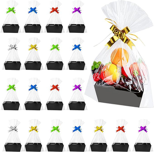 Fainne 74 Pcs Baskets for Gifts Empty Bulk DIY Empty Gift Basket Include 20 Kraft Cardboard Tray with Handles 30 Bags 24 Bows for Christmas Thanksgiving Birthdays Snacks Party, 8" x 6" x 3"(Black)