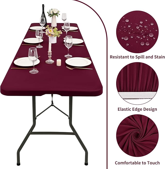 10 Pack Fitted Tablecloth for 6 Foot Rectangle Tables, Wine Red Elastic Outdoor Picnic Table Cover, Washable Stretch Folding Table Cloths 6 ft for Camping Party Patio Kitchen Banquet, 30" W x 72" L