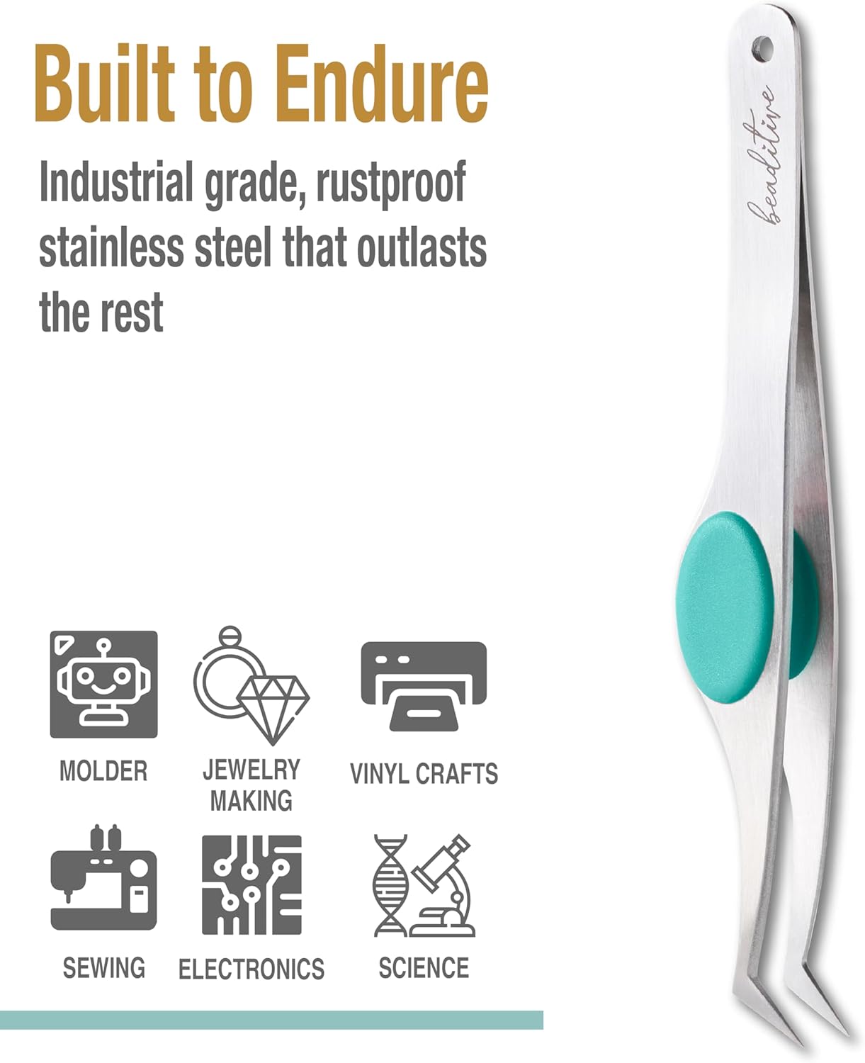 Beaditive High Precision Angled Tip Tweezers with Cushion Grip - 4.7" Craft Tweezers for Sewing, Beading & DIY Crafts - Non-Serrated Jewelry Tweezers with Fine Angled Tips - Stainless Steel (Teal)