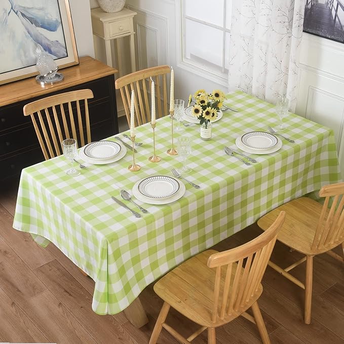 Cupuamon 2 Pack Waterproof Polyester Fabic Rectangle Checkered Tablecloth，60x84 Outdoor Table Cloth，Oil Stain Prevention Table Cloth for Pinics and Parties（Emerald and White）