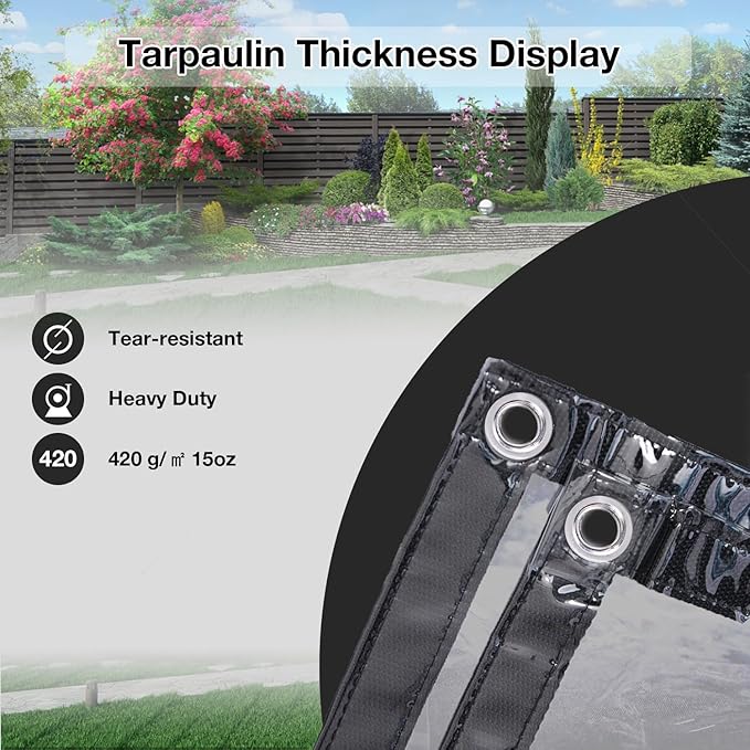Clear Tarp 7' x 8', 15 Oz Clear Vinyl PVC Tarp Waterproof Tarpaulin 100% Transparent PVC Tarps Upgrade to Double The Cold Resistance-Temperature from -5°F to 140°F