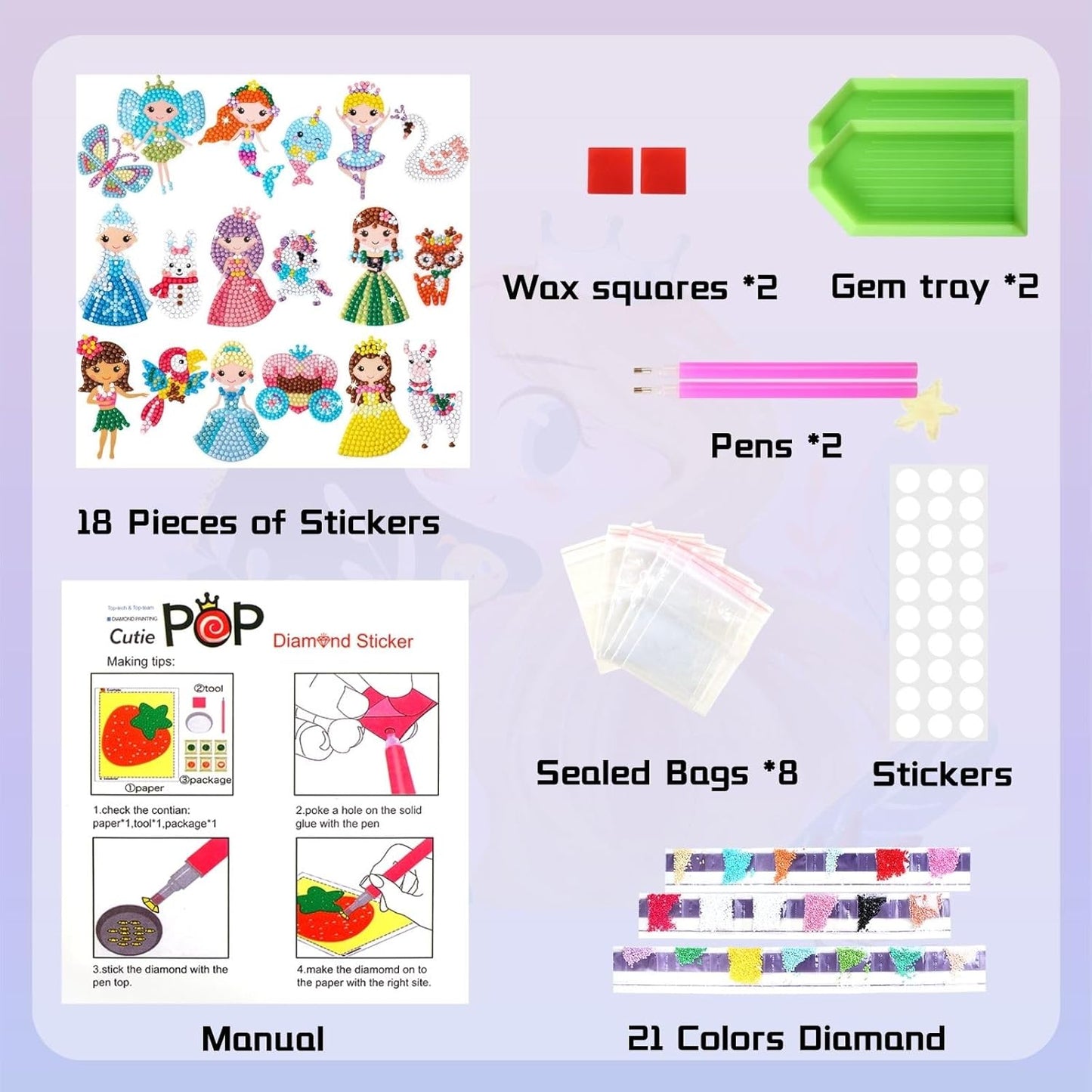 Cymbana Diamond Painting Kits for Kids 18 Pcs Princess and Their Buddy Gem Art Sticker for Kids Ages 6-8 8-12 Contains Unicorn, Mermaid