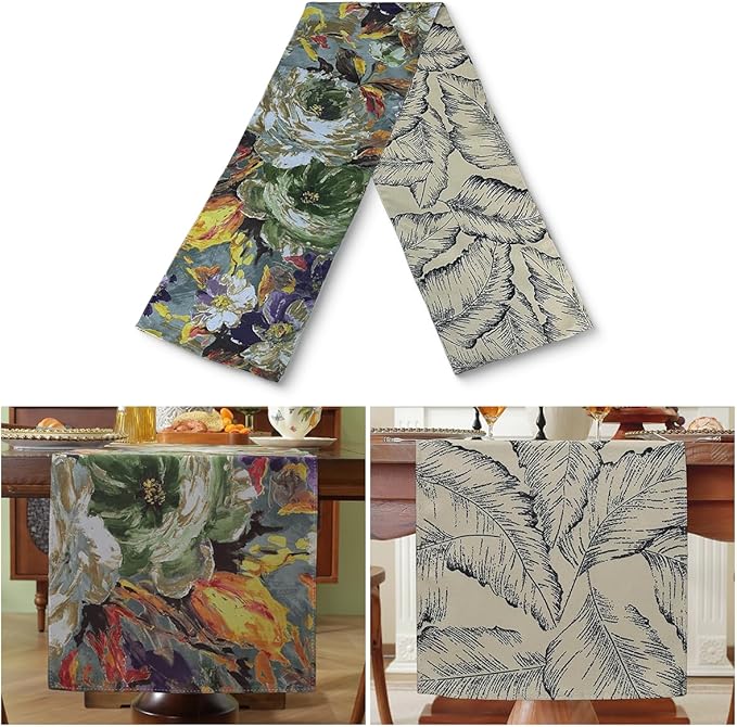 Double-Sided Table Runner - Reversible Oil Painting & Banana Leaf Design, Waterproof Linen Cotton for Dining Table Decor, Holiday Home Decoration（Green）