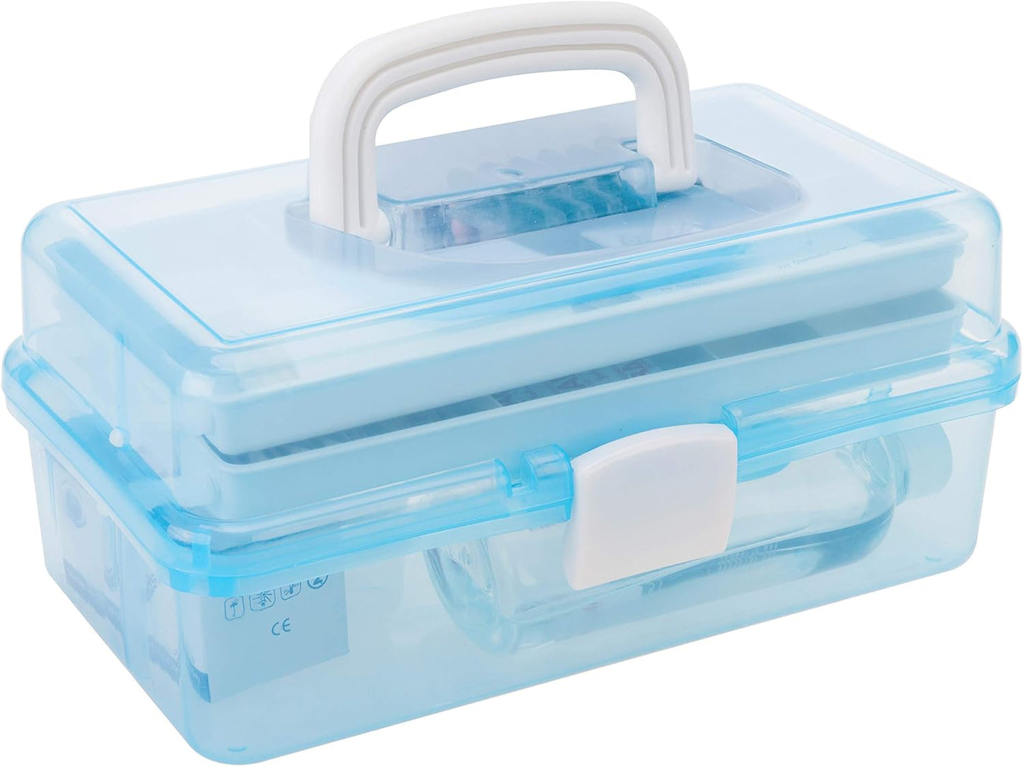 MyGift 13 Inch Transparent Blue Plastic Empty Multipurpose Storage Box with Handle, Latching Lid and 2 Expandable Trays for Tools, First Aid, Sewing Kit, Arts Crafts Supplies
