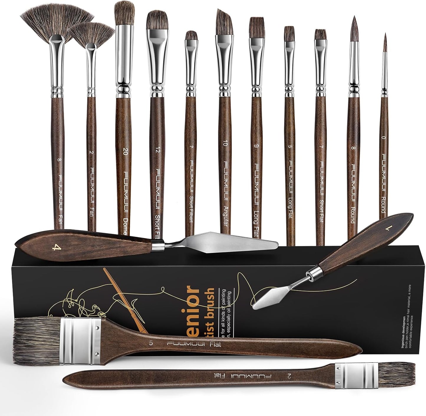 Oil Paint Brush Set, 15Pcs Fuumuui Professional Paint Brushes Natural Badger Bristle with Flat, Fan, Angle, Round, Filbert for Oil, Acrylic Canvas Paintings with 2pc Palette Knife