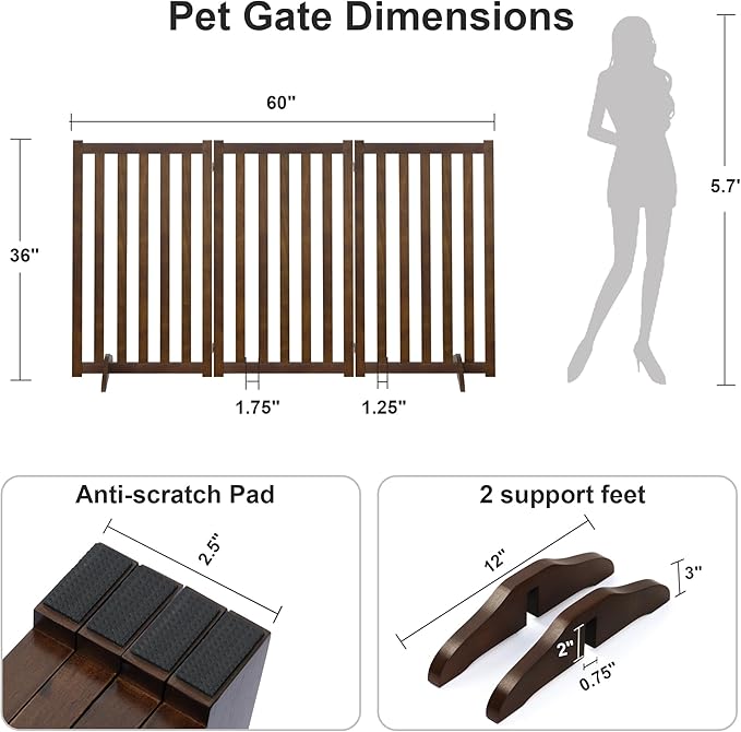 36" Height Extra Tall Freestanding Pet Gate, Solid Wood Folding Safety Fence Wooden Dog Gate with 2 PCs Support Feet Ideal for Stairs, Doorways, Halls, Kitchens, Heavy Duty Gates, 3 Panels, Walnut