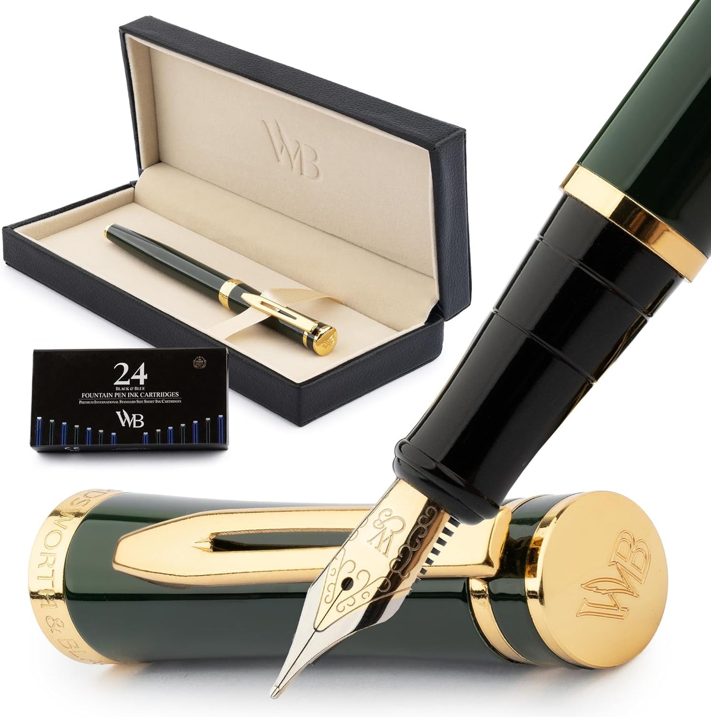 Wordsworth & Black Fountain Pen Set, 18K Gilded Medium Nib, Includes 24 Pack Ink Cartridges, Ink Refill Converter & Gift Box, Gold Finish, Calligraphy, [Racing Green], Perfect for Men & Women