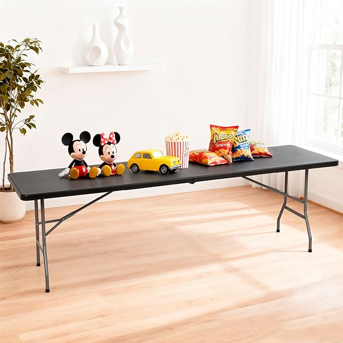 FDW 8FT Folding Table Half Portable Foldable Table Picnic Table for Office Home Camping Party (Black, 8 FT)