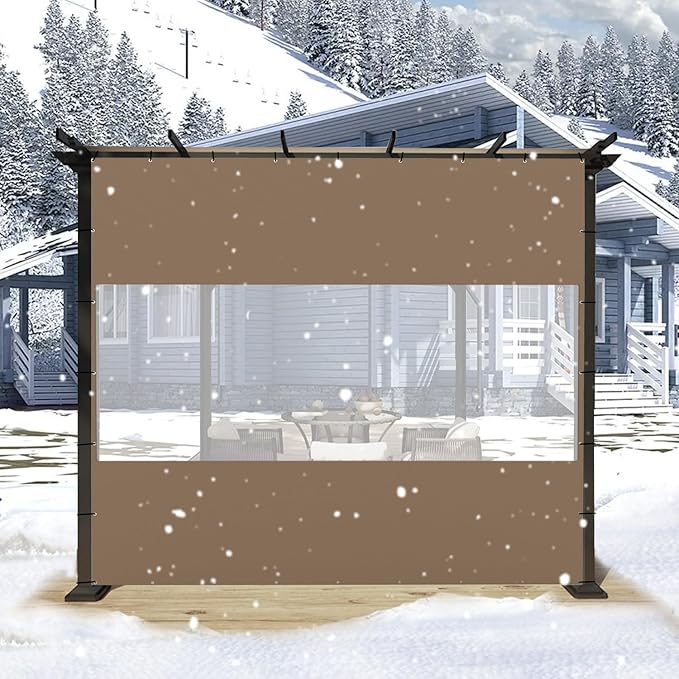 Domi Heavy Duty Outdoor Clear Panel Curtain, 18 oz Waterproof PVC Polyester Curtain, Weather Resistant & Tearproof for Patios, Gazebos, Pergolas, Privacy Screen (10'H x 10'W, Brown)