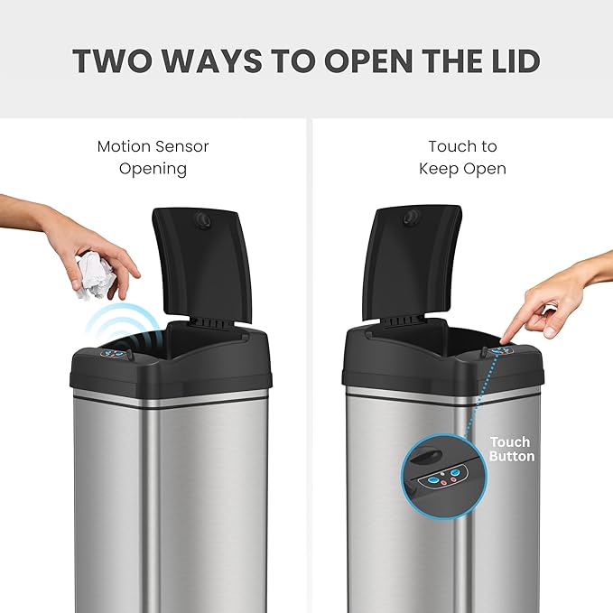 iTouchless 50 Liter / 13 Gallon Kitchen Trash Can with Lid & Odor Filter – Motion Sensor Stainless Steel Garbage Bin for Home, Office, or Garage – Slim, Large Capacity Design
