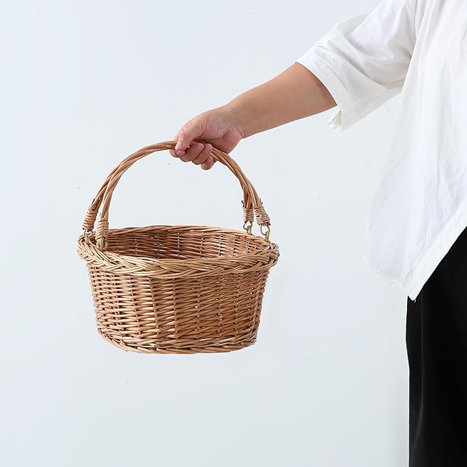 Wicker Picnic Basket with Handles, Handwoven Gift Basket, Shopping Basket, Natural Brown - Small
