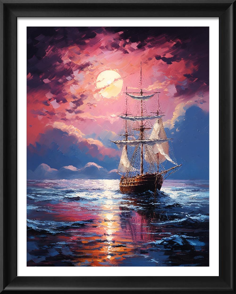 Leczany Cross Stitch Stamped Kit for Adults or Kids - Sailing and Sunset | DIY Embroidery Starter Patterns Craft Kit Needlepoint for Beginner | 11CT, 3 Strands | 13.4x17.7 inches