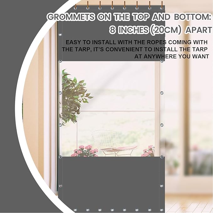 20 Oz Outdoor Vinyl Curtain, Outdoor Clear Panel Curtain, Weather Resistant Outdoor Curtain for Pergola, Porch, Gazebos, with Rustproof Grommets (8'H x 7'W, Dark Gray)
