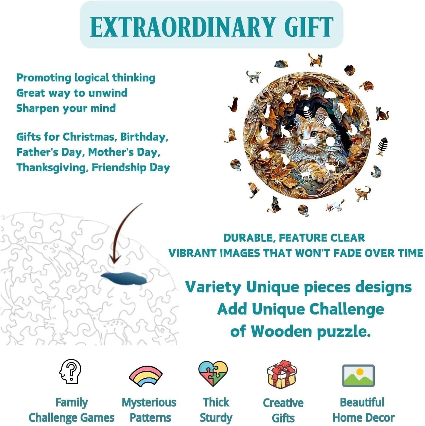 Wooden Puzzles Adults, 3D Cat Wooden Puzzles 300 Pieces, Unique Animal Shaped Wood Challenging Jigsaw Puzzles Gifts for Adults, 13.4x13.3in