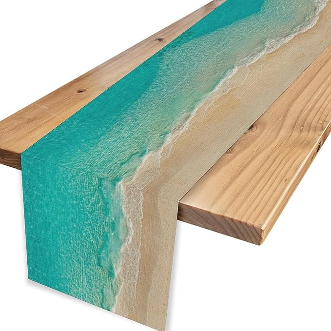 Blue Sea Waves Table Runner, Summer Turquoise Tropical Beach Sandy Ocean Clear Sea Water Coffee Table Center Deco, for Wedding Party Holiday and Living Room Table Decorations, 13" X 90"
