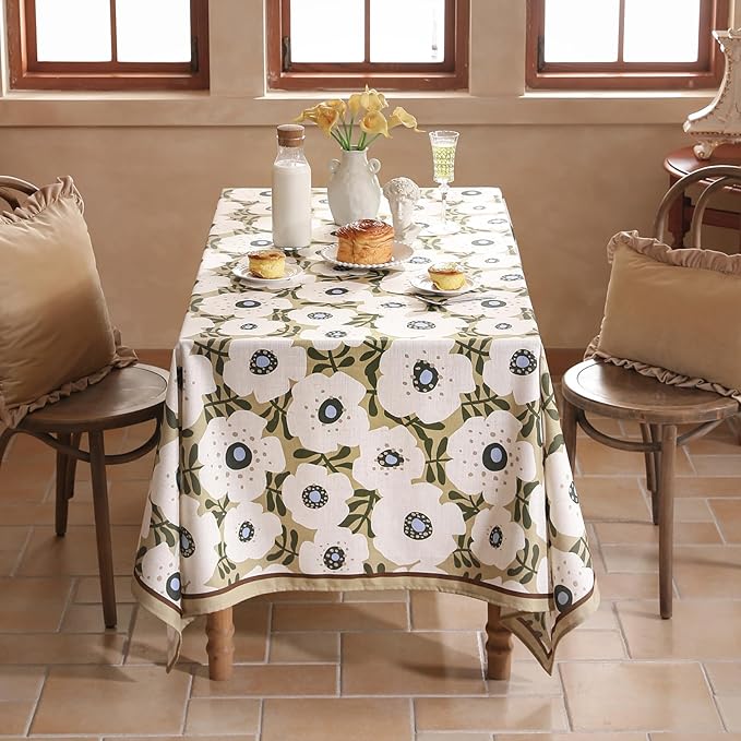 Designer Vintage Rectangular Tablecloth,Linen French Tablecloth with White Floral Pattern,Decorative Table Cover for Kitchen,Dining,Thanksgiving,Tea Party,55" × 87"-Hidaka