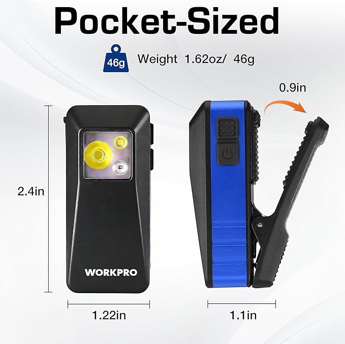 WORKPRO EDC Flashlight Clip-on Light, 500 Lumens Rechargeable Flashlight with Type-C, Magnetic Pocket Light for Working, Cycling, Signaling, Running, Camping, Blue