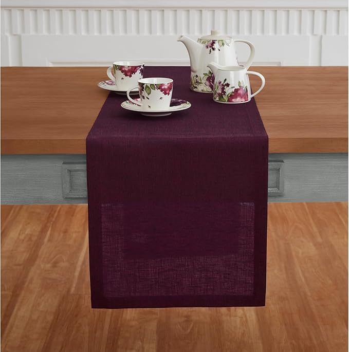 Solino Home Linen Small Table Runner 48 Inches - Athena, 100% Pure Linen Chambray Burgundy Table Runner 14 x 48 Inch Ideal for Dresser and Coffee Tables - Winter, Valentines