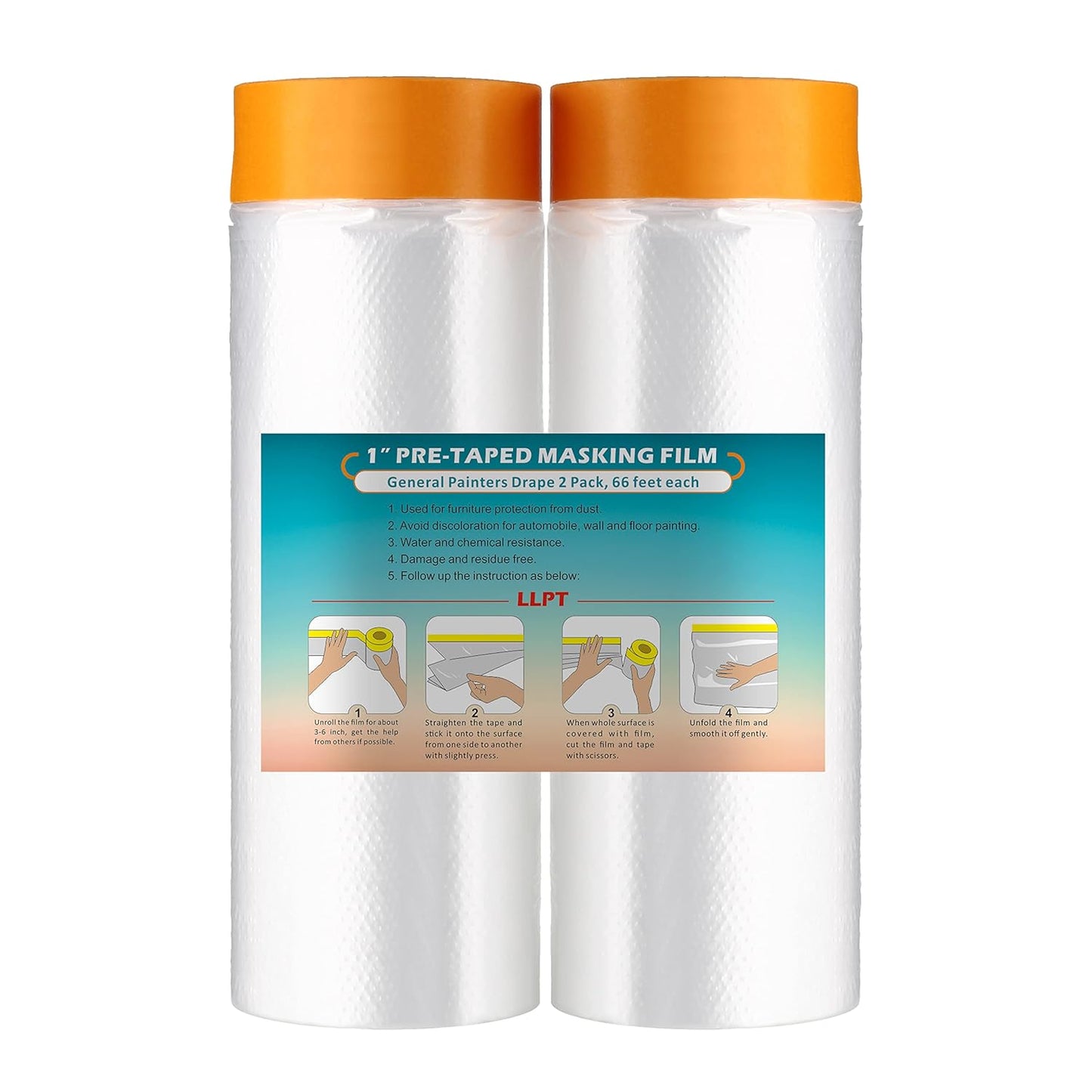LLPT Tape and Drape 59.1”(Unfolded) x 66 Ft Each 2 Pack Pre-Taped Masking Film 0.27 Mil Painters Plastic Drop Cloth for Auto Wall Furniture Painting Protection (MFT1502)