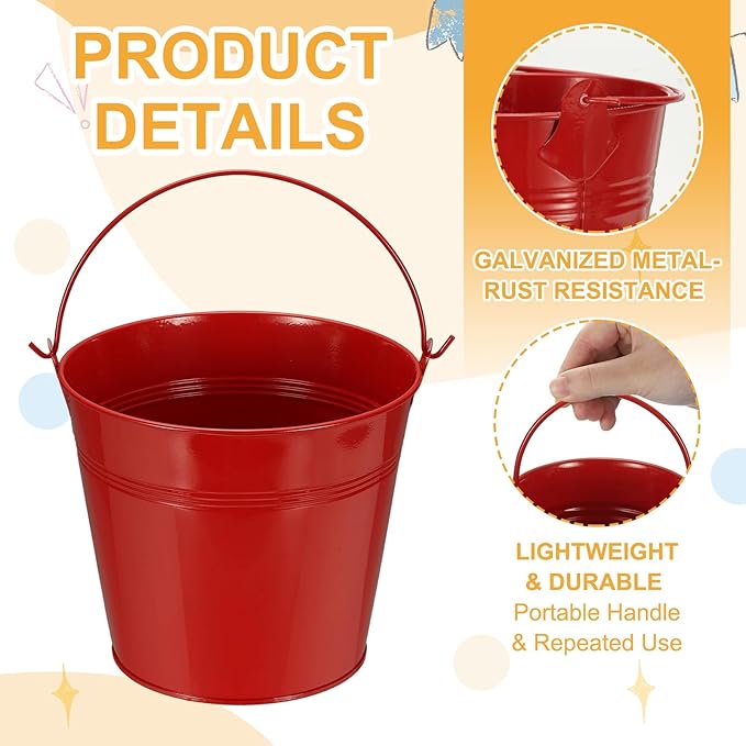 Small Metal Buckets, Mini Buckets with Handle Galvanized Colored Tin Pail Containers Basket Party Supplies - Fit for (Halloween - Classroom Crafts) 7" & 10Pcs & Red