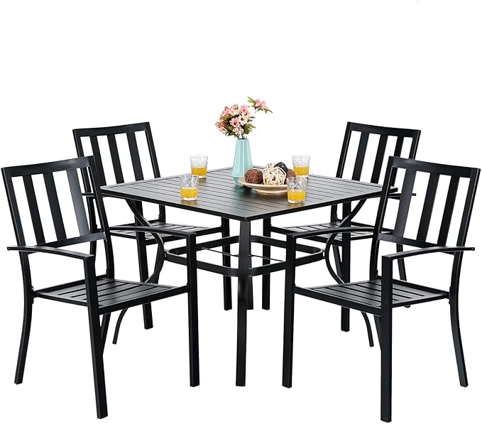 Sophia & William Patio Table and Chairs Set, Outdoor Dining Set for 4, 5 Piece Metal Patio Furniture, 37" Black Square Table(Stripe)