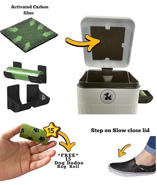 Dog Poop Trash Can (White) Outdoor Activated Carbon Filter Odor Control, 3.2 Gallon (12Lt) with Slow Soft Close Lid, All Weather Resistant Poop Disposal Bin for Pet Waste Backyard Station.