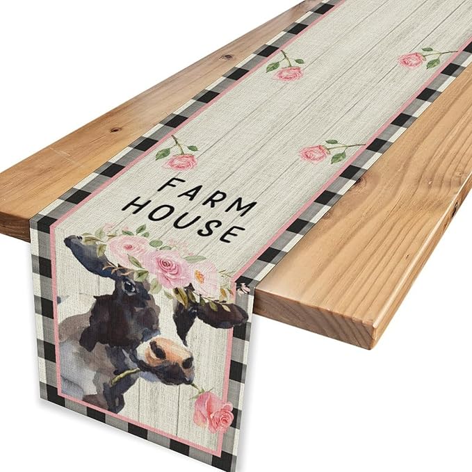 Cow Farmhouse Table Runner, Rustic Black White Plaid Buffalo Animals Flower Rose Farm Coffee Table Center Decor for Family Kitchen and Living Room Country Holiday Party Table Decorations, 13" X 108"