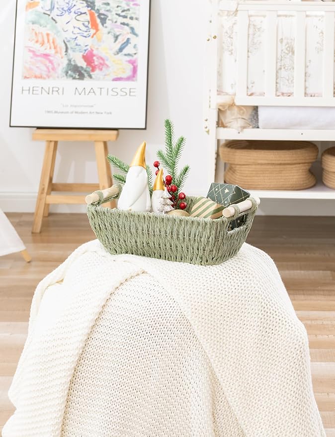 StorageWorks Round Paper Rope Woven Basket with Wooden Handles for Gifts, Small Woven Baskets for Shelf, Bosana Green, 2-Pack