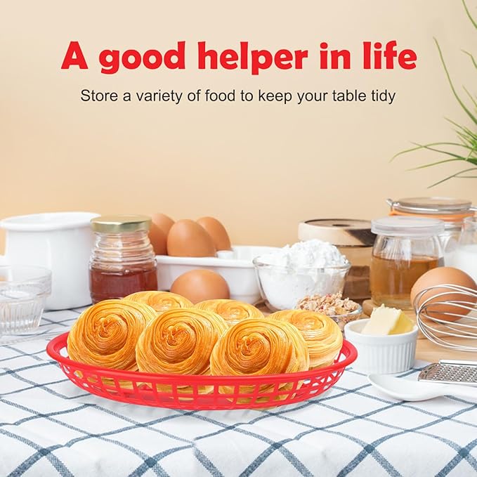 90 Pcs 9 x 5.7 Inch Reusable Oval Fast Food Baskets, Sturdy Plastic Serving Baskets for Fast Food, Parties, Picnics, BBQs and Snacks, by KUKLIPJIM.(Red)