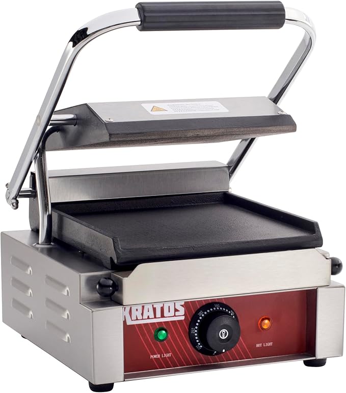 Kratos Commercial Electric Panini Sandwich Grill with Smooth Plates, 9" x 9" Cooking Surface, Commercial Countertop Panini Press, 120V, 1750W (29Y-018)
