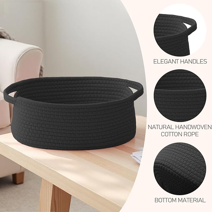 Woven Basket,Small Rope Storage Bin with Handles & Ribbon Bag, Organizer for Shelves Closets,Gift Basket Empty for Birthday,Books,Dog Toys, Black