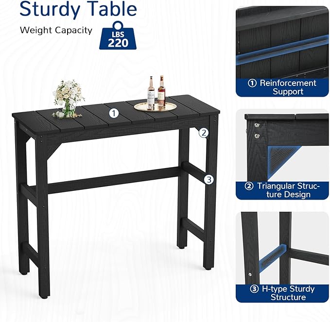 Outdoor Bar Table, 42" Weatherproof Patio Bar Height Counter Table, HIPS Material, Waterproof, for Outside, Garden, Backyard, Balcony, Poolside, Black