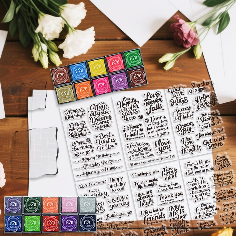 6 Pcs Greeting Words Clear Stamps for Card Making Supplies 20 Ink Pad 3 Acrylic Stamp Block Silicone Stamp with Holiday Bless Happy Birthday Stamps for Crafting DIY Scrapbooking Journal