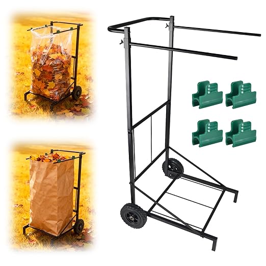 Trash Bag Holder with Wheels, Adjustable Metal Leaf Bag Holder with 4 Clips, Heavy Duty Outdoor Mobile Garbage Bags Cart, Lawn Garbage Bag Stand Holds 35-45 Gallon for Lawn Leaves, Camping, Weeding