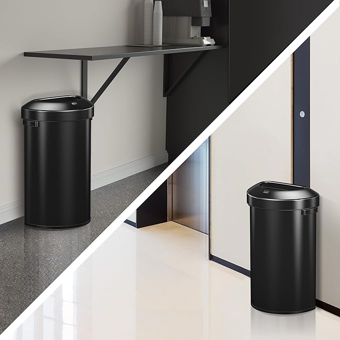 EKO Urban 16 Gallon Semi-Round Open Top Waste Bin, Stainless Steel Half Round Commercial Trash Can for Indoor and Outdoor, Extra Large Garbage Bin for Home, Office, Restaurant, 60L, Matte Black