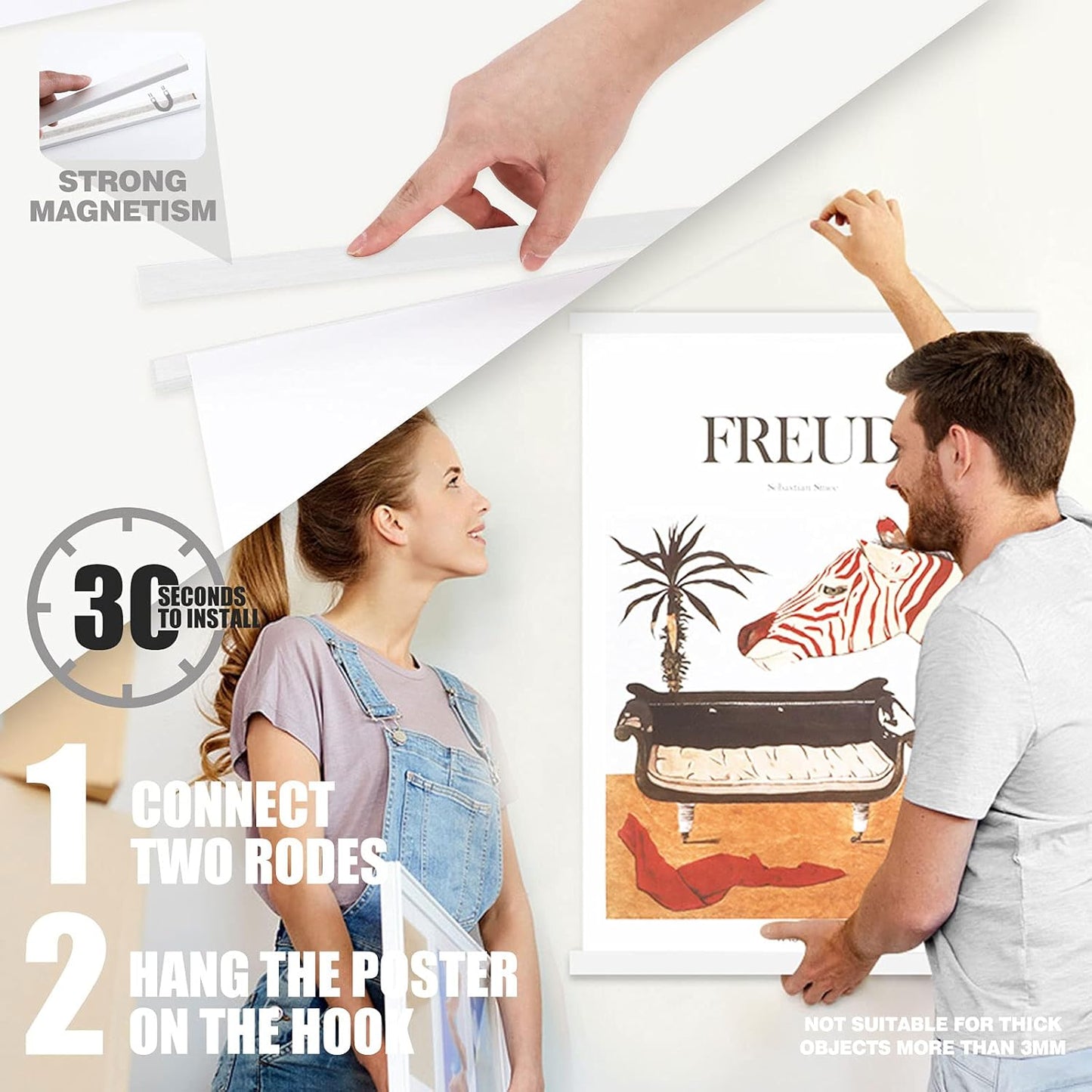 Ywlake Magnetic Poster Hanger, 10x10 10x32 10x20 Poster Frame Wood Wooden Magnet Print Posters Dowel Scroll Hanger Hangers Hanging Kit for Walls Map Canvas Artwork (White, 10")