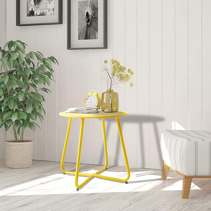 Outdoor Table Small Patio Side Table Waterproof Round Metal Side Table Weather Resistant Portable Outdoor and Indoor End Table for Garden, Balcony, Yard (Yellow)