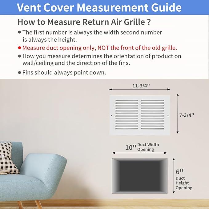 10"W x 6"H [Duct Opening Size] Steel Return Air Grille, Air Return Vent Cover for Ceiling and Sidewall - HVAC Air Vent Covers - [Outer Dimensions: 11.75"W x 7.75"H]