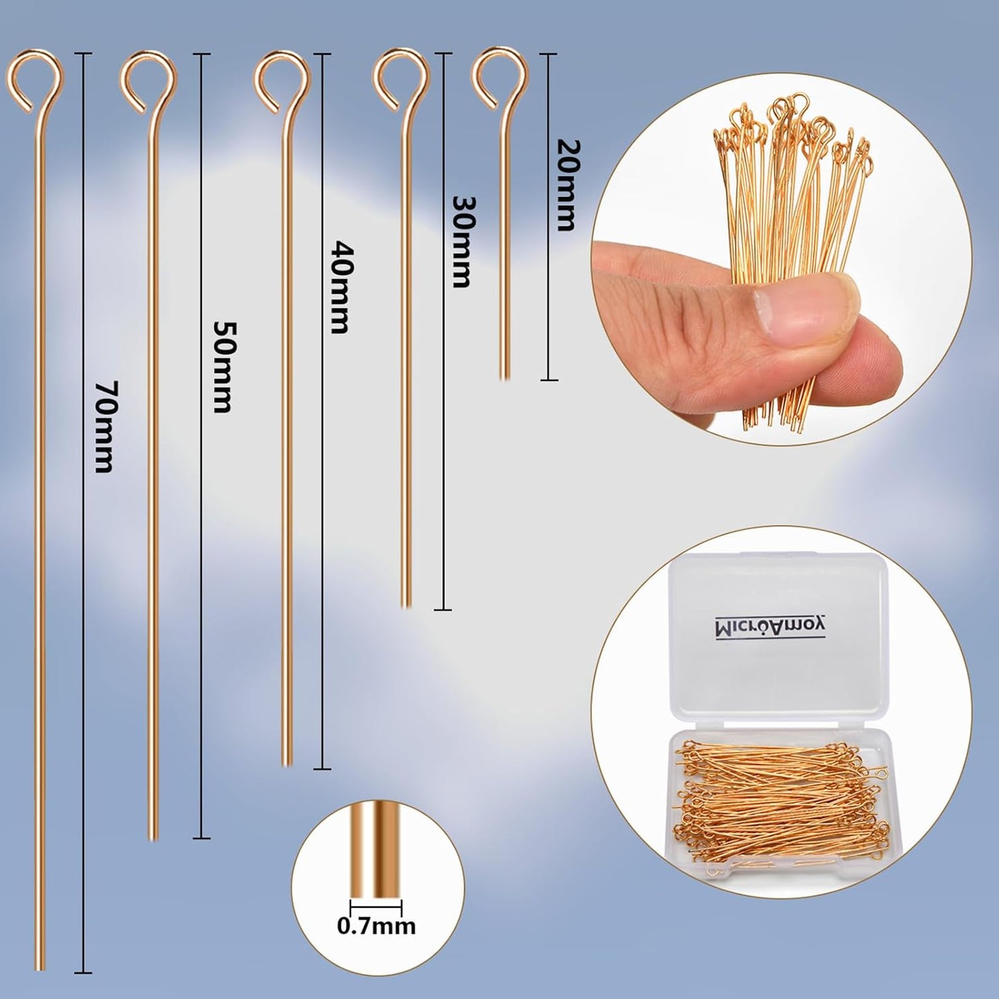 100pcs 18K Gold Filled Eye Pins Non Tarnish Craft Earring Bracelet Jewelry Making Accessories Supplies (70mm (2.75in), Gold-Eye Pin)