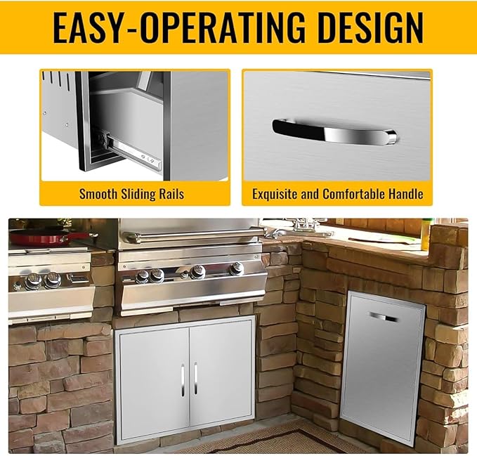 Outdoor Kitchen Drawers, Box Frame Style Flush Mount BBQ Drawer w/Stainless Steel Handle, BBQ Island Drawers For Patio Grill Station,Trash Drawer