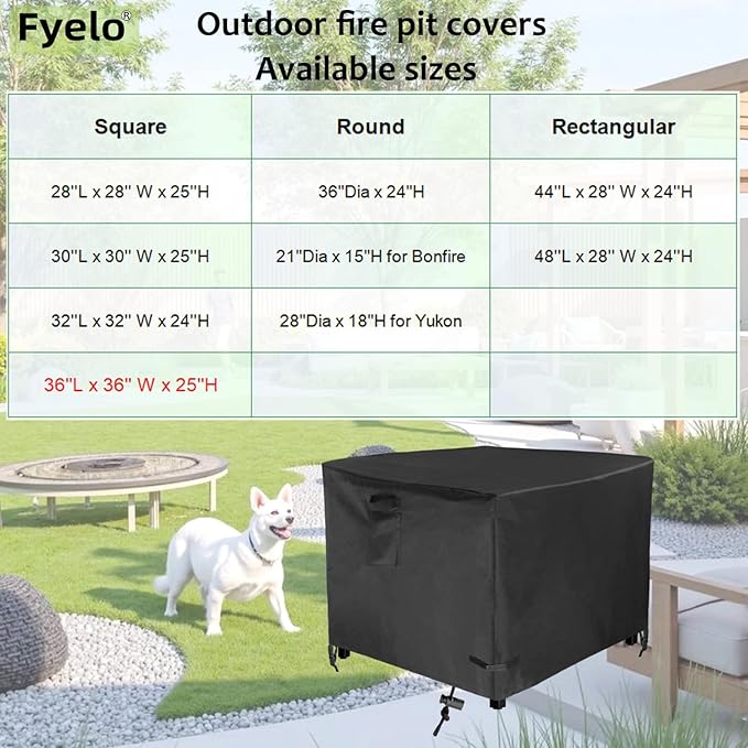 Square 36 Inch Gas Fire Pit Cover 36"L x 36"W x 24"H Waterproof Heavy duty Outdoor Cover for Patio Firepit Table, Black