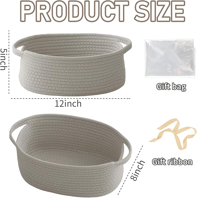 Woven Basket,Small Rope Storage Bin with Handles & Ribbon Bag, Organizer for Shelves Closets,Gift Basket Empty for Birthday,Books,Dog Toys, Grey/2 Pack
