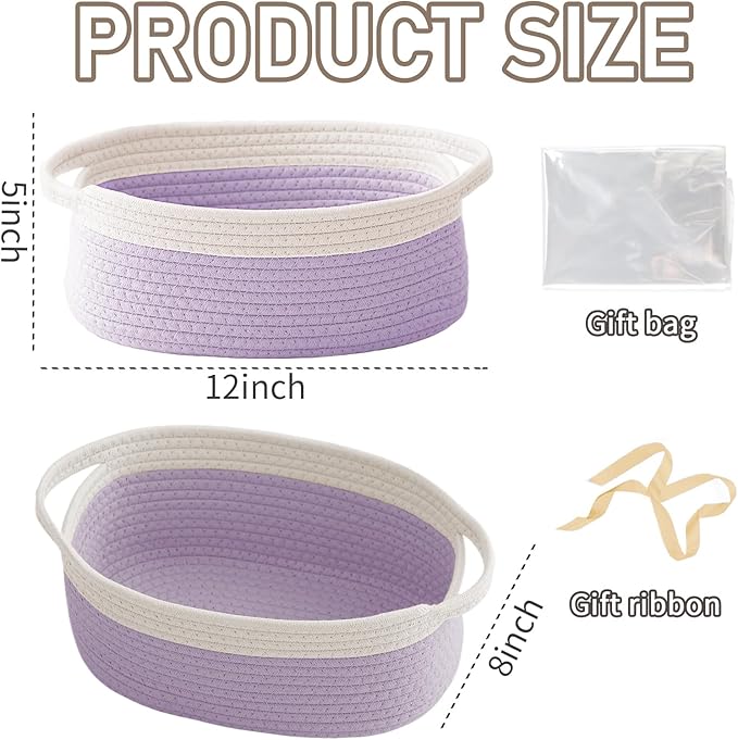 Woven Basket,Small Rope Storage Bin with Handles & Ribbon Bag, Organizer for Shelves Closets,Gift Basket Empty for Birthday,Books,Dog Toys, White&Purple/3 Pack