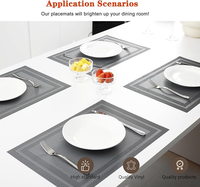 Placemats Set of 8,Washable,Heat and Stain Resistant Indoor/Outdoor Place mats,Vinyl Woven Non Slip Table Mats for Restaurant Table Protection,PVC Placemats(Gray,8PCS)