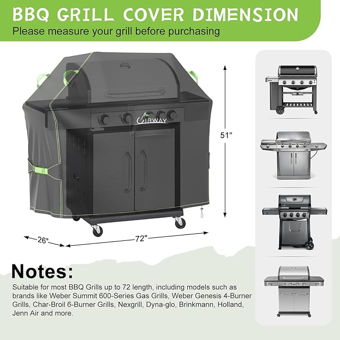 UIRWAY Gas Grill Cover 72 Inch, Waterproof, UV & Fade Resistant BBQ Grill Cover for Outdoor, Barbecue Cover with Reflective Strip and Air Vent for Weber, Dyna-glo, Char-Broil, Nexgrill, etc. Black