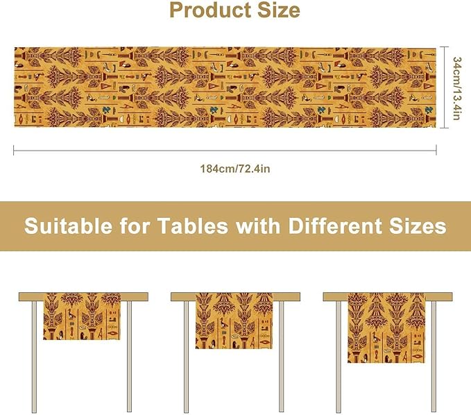 Egyptian Table Runner, Rustic Egypt Mythology Pharaohs African Hieroglyphs Old Alphabetic Table Runner for Kitchen Dining Room Farmhouse Party Banquet 13x108in