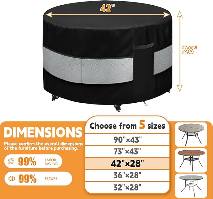 Round Patio Furniture Cover Black Grey Waterproof Up to 10000pa for 42 x 28 Inch Outdoor Round Table Covers
