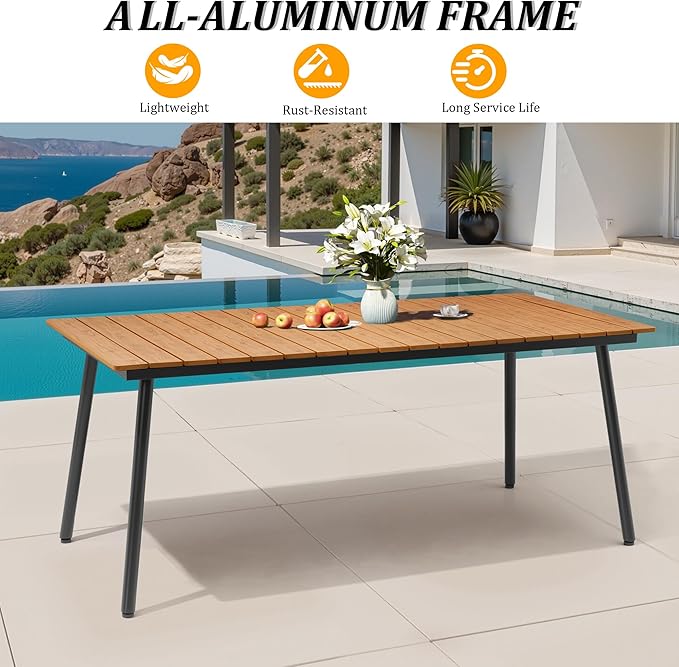 70" Patio Outdoor Dining Table for 4-6, Weather-Resistant Wood-Grain Top with Aluminum Frame & Umbrella Hole for Deck Gatherings, Brown